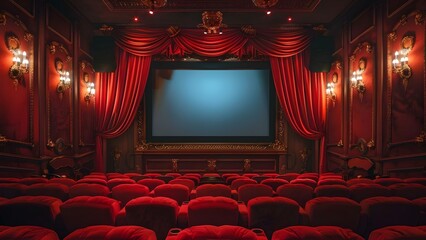 Luxurious private home cinema with velvet drapes and artistic empty frame. Concept Luxurious Home Cinema, Velvet Drapes, Empty Frame, Artistic Decor