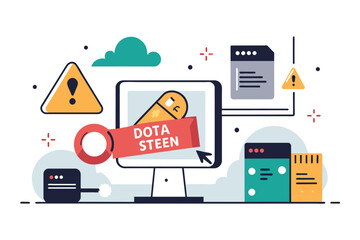Computer screen displaying a red sign with the text Dota Sten, Data not safe, stealed data, Simple and minimalist flat Vector Illustration