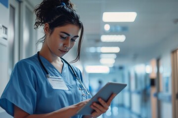 Focused Healthcare Professional Using Digital Tablet in Hospital Corridor