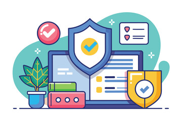 A shield resting on top of a laptop, symbolizing data protection and security, Data protection security or privacy, Simple and minimalist flat Vector Illustration