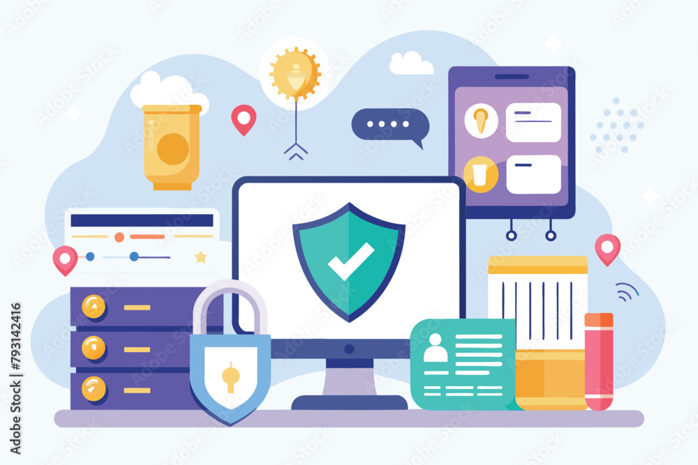 Poster a computer protected by a padlock and a shield on top, symbolizing data security, data protection, s