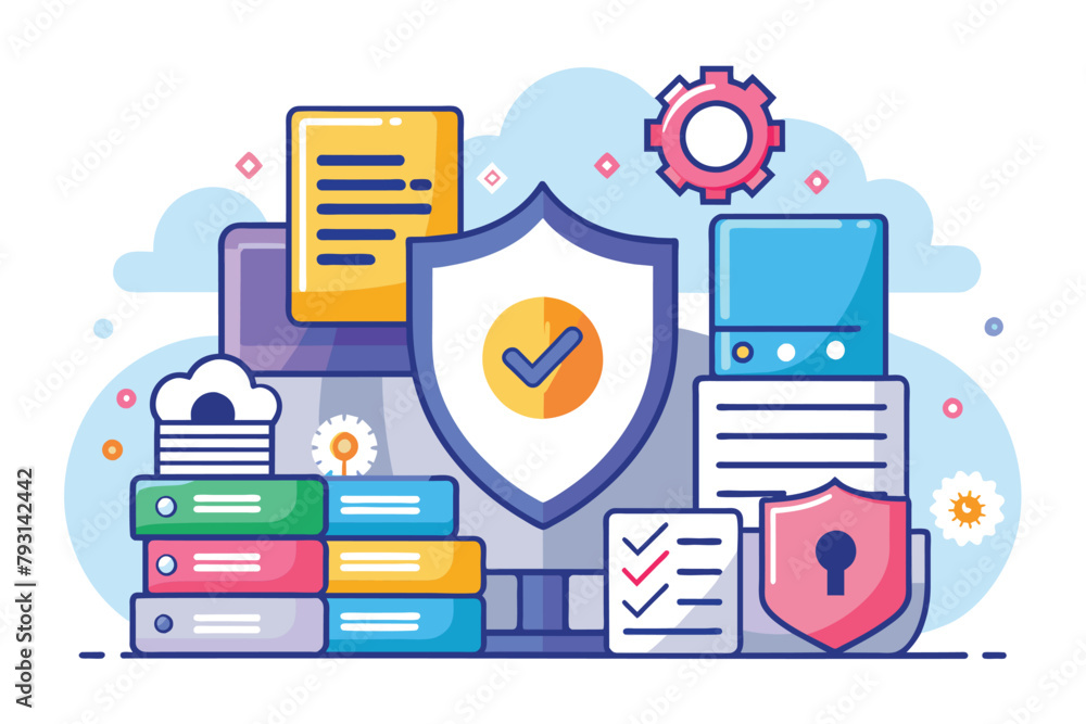 Aufkleber a shield with a check mark symbol on top, representing data protection and verification in a simple,