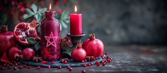 red candle, red bottle with a star symbol ornament and pomegranates on the table. 
