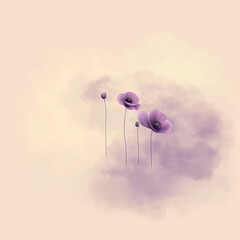  Delicate mauve poppies emerge from a soft, dreamlike haze, creating a tranquil and poetic visual. - obrazy, fototapety, plakaty