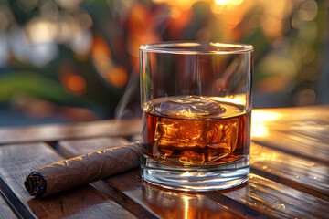 A whiskey glass and cigar placed on a wooden table, creating a cozy and elegant atmosphere, perfect for relaxation or celebration.