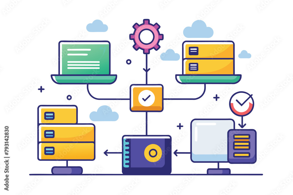 Poster illustration showcasing a cloud computing system with data synchronization in a simple and minimalis