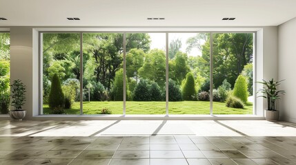 A large window in a room with a view of a lush green yard. The room is empty and the sunlight is shining through the window, creating a warm and inviting atmosphere