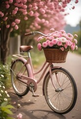 "Step into a picturesque scene with a vintage bicycle adorned with a wicker basket bursting with pastel pink and white flowers, set against a blurred natural background that adds a touch of whimsy."