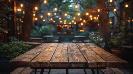 Abstract blurred restaurant lights background with wooden table - obrazy, fototapety, plakaty