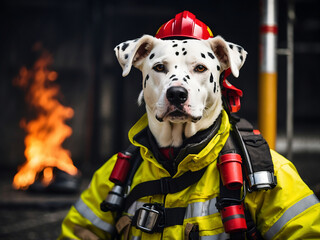 dog rescuer fireman Dalmatian,AI generated - obrazy, fototapety, plakaty