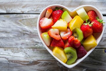 Heart-shaped bowl of fresh fruit salad - healthy eating concept for a balanced diet and lifestyle