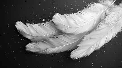 The falling feathers of a white swan on a black background are detailed and realistic as 3d illustrations.