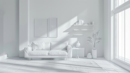 A white living room with a couch and a vase. The room is very clean and bright, giving off a feeling of calm and relaxation