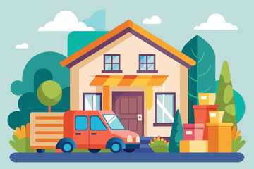 A truck is parked in front of a residential house, indicating the delivery or pickup of goods, Delivery of goods to the front of the house conept flat illustration