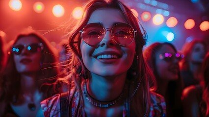 Exciting concert with popular band happy fans neon lights and live music. Concept Music Concert, Popular Band, Happy Fans, Neon Lights, Live Music - obrazy, fototapety, plakaty