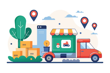 A delivery truck packed with boxes ready to transport goods to various locations, Delivery orders for shops trending, Simple and minimalist flat Vector Illustration