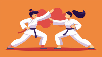 Fototapeta na wymiar Two students work together on a traditional kata flowing through the movements with precision and synchronization enhancing their teamwork and