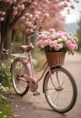 "Step into a picturesque scene with a vintage bicycle adorned with a wicker basket bursting with pastel pink and white flowers, set against a blurred natural background that adds a touch of whimsy."