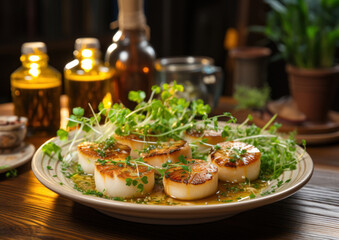 plate of scallops garnished with microgreen on a wooden table