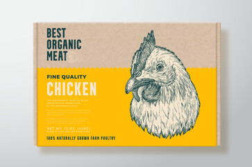 Chicken Meat Vector Packaging Label Design on a Craft Cardboard Food Box Container. Modern Typography and Hand Drawn Domestic Poultry Bird Face Head Background Layout Isolated