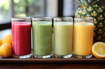 tray with four glasses of smoothies, each with a different color and flavor