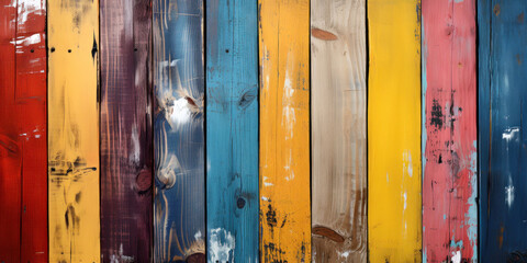 old textured wooden fence with colorful boards.
