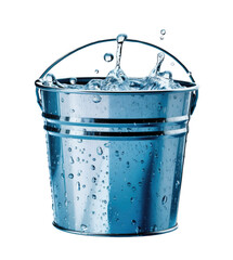 Blue bucket brimming with clear water with a splash, isolated