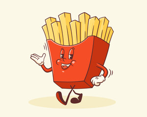 Groovy French Fries Retro Character. Cartoon Food Fry Box Package Walking and Smiling. Vector Fastfood Mascot Template. Happy Vintage Cool Personage Illustration Isolated