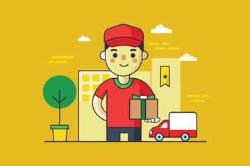 A man holding a box stands in front of a building in an urban setting, Delivery service provider trending, Simple and minimalist flat Vector Illustration