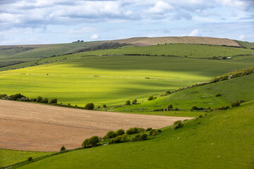 Fototapeta na wymiar Looking out over a rolling South Downs landscape on a sunny spring day