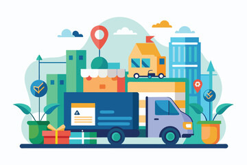 Fototapeta premium A delivery truck transporting multiple packages in boxes on its back, Delivery services from manufacturers, Simple and minimalist flat Vector Illustration
