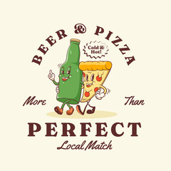 Groovy Pizza and Beer Retro Characters Label. Cartoon Slice and Bottle Walking Smiling Vector Food Mascot Template. Happy Vintage Cool Fast Food Sign Illustration with Typography Isolated