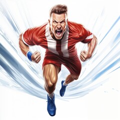 Illustration of an energetic and excited male soccer player wearing a red and white uniform with motion lines background, running towards. Banner concept.