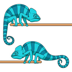 Set of color illustrations with blue chameleon. Isolated vector object on white background.