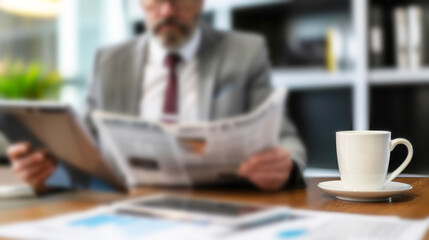 Cup of coffee on a table and Business executive reviewing documents on tablet