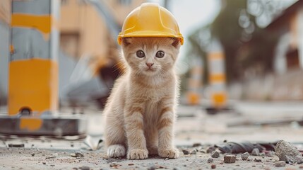 Labor Day concept A beige cat rocking a safety helmet - obrazy, fototapety, plakaty