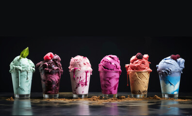 Assorted colorful ice cream cones aligned against a dark background