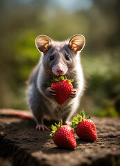 Possum Posing with Strawberry  Luxe Studio Shot  - obrazy, fototapety, plakaty