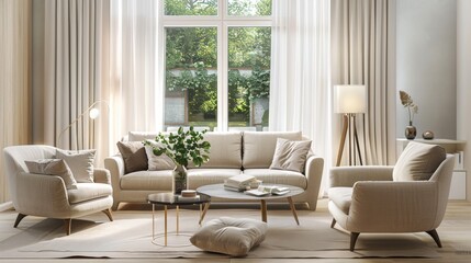 A living room with a white couch, two chairs, and a coffee table. The room is well-lit and has a clean, modern look