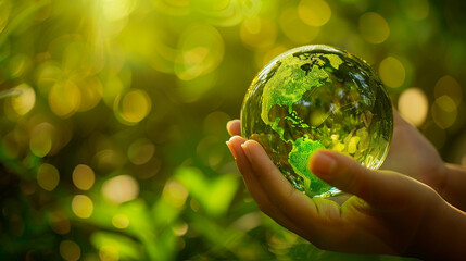 Eco Hands Embracing Green Globe in glass. Protecting Planet Together.Environment Earth Day. 