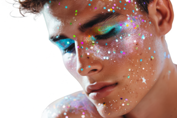 A man with closed eyes and provocative bright makeup on a transparent background
