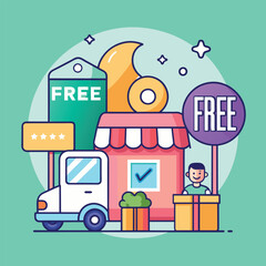 Fototapeta na wymiar A man standing in front of a store displaying a free sign to attract customers for discount shopping, Discount shopping with free shipping, Simple and minimalist flat Vector Illustration
