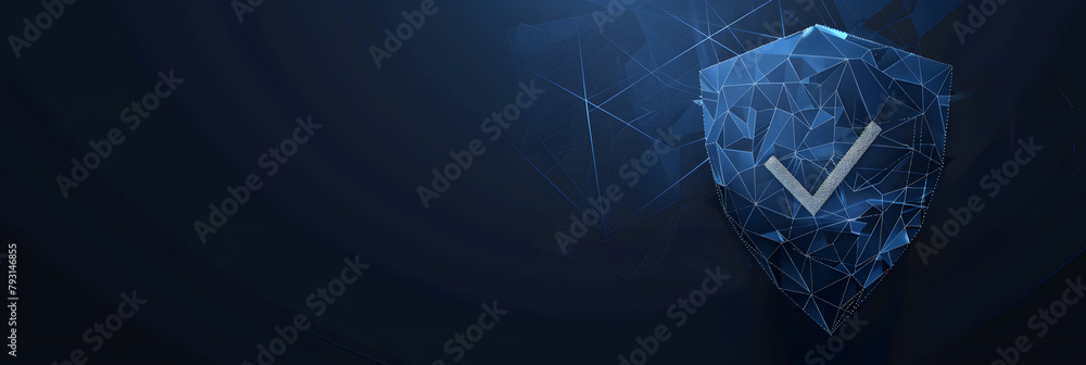 Poster a dark blue polygonal wireframe shield with a check mark symbolizing secure cybersecurity protection
