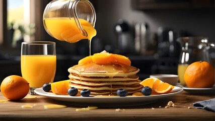 A photorealistic image depicting an individual pouring syrup on pancakes with orange juice beside them. The scene captures the moment of breakfast preparation and indulgence, highlighting the details 