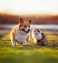 a fluffy cat and a cheerful Pembroke corgi dog are sitting on a sunny spring meadow