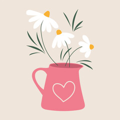 A bouquet of flowers in a jug. Vector illustration of daisies in a flat style. Wildflowers, rustic decor. Suitable for the design of postcards, posters, stickers.