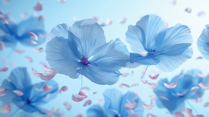   A collection of blue blossoms hovers above a blue-pink backdrop, sprinkled with drifting confetti