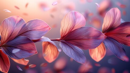   A pink flower in focus on a branch, petals gently fluttering, against a blurred background - obrazy, fototapety, plakaty