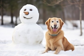 Happy dog in scarf sitting next to smiling snowman on snowy clearing in park. Glad big dog in scarf sits on snow glade near snowman friend. Animal with snowman smiling in frosty winter weather