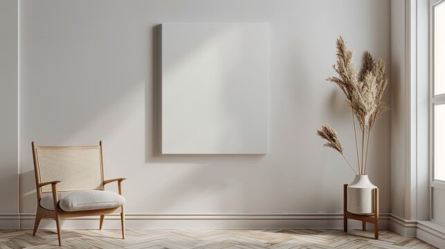 A white room with a chair and a vase of flowers. The chair is placed in front of a white wall with a large white picture frame. The room has a simple